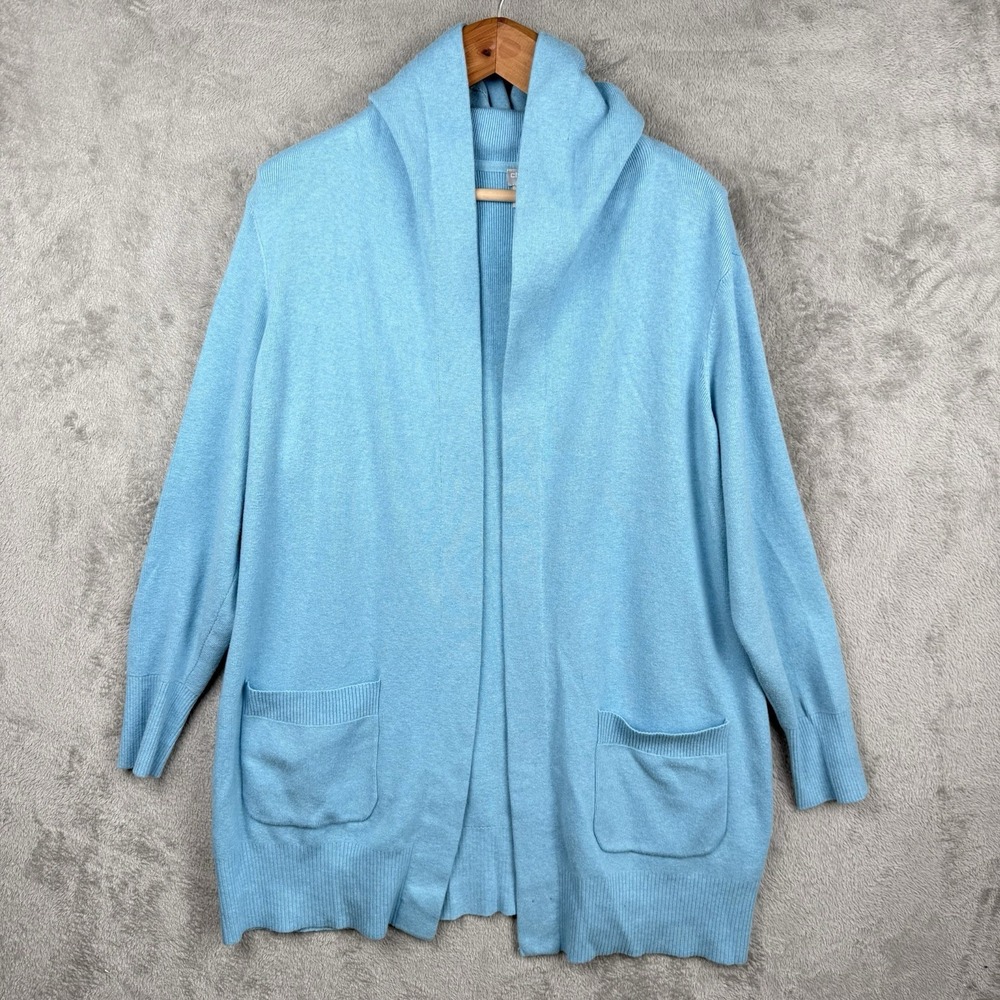 Chico's Cardigan Sweater Womens L Blue Hooded Open L/S Cotton Cashmere Stretch